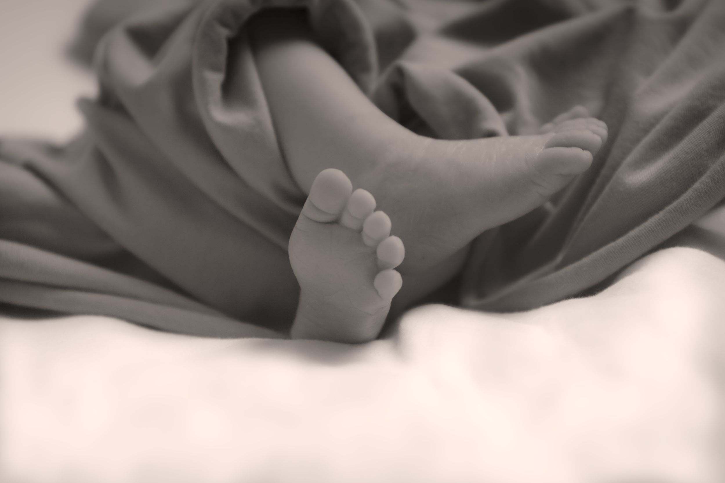 Newborn baby feet in soft black and white